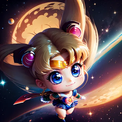 ​masterpiece、top-quality、ultra-detailliert、(Chibi Bishoujo Senshi Sailor Moon:1.4)、A charming smile、double tails、dynamicposes、The background is space、Big crescent