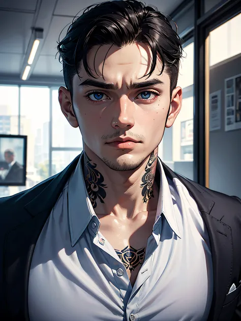 Top Quality, Photorealistic, 8K, High Definition, absurd res, high res, ultra sharp, masterpiece, (masterpiece), best quality, expressive eyes, perfect face, Super eyes, A handsome boy, 20 years old, big eyes, square face, short black hair, muscular, tatto...