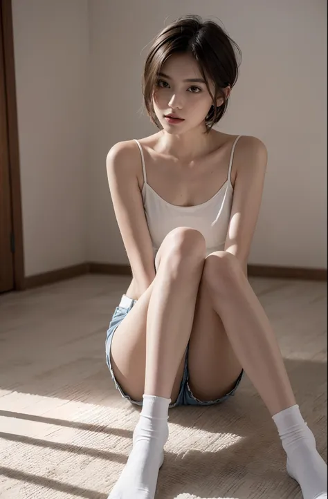 Best quality,Masterpiece,8K wallpaper,absurderes, A high resolution, Ultra detailed, (1 young and beautiful girl, Solo:1.1),Yula_sitting down on the floor，M-shaped leg pose，Spread your legs apart,  Ultra shorts，1girll, (short detailed hair:1.5),,White crop...