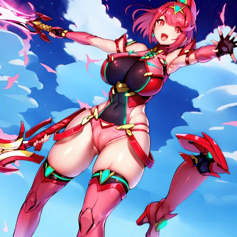 pyra (xenoblade), teen_1girl, loli, bangs, black gloves, breasts, red eyes, shout, earrings, eyelashes, fingerless gloves, floating hair, , gem, gloves, hair ornament, headpiece, jewelry, gigantic_breasts, leaning back, swimsuit, neon trim, official art, p...