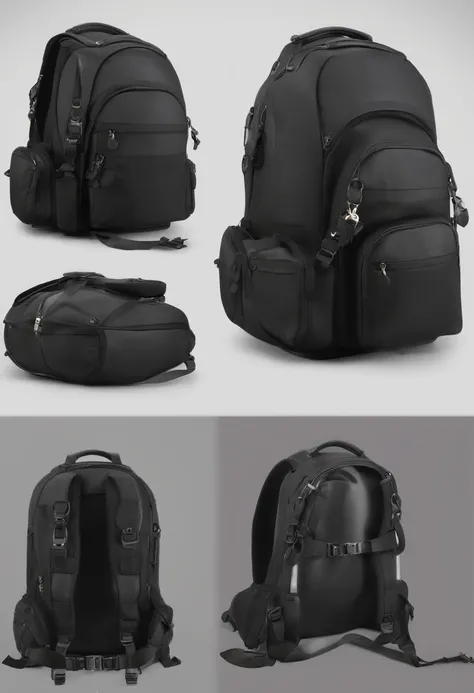 a backpack with umbrella attached at the top, compact, easy to adjust, many compartments, has GPS, round edge and flat bottom, black, rescue equipments, waterproof, fashionable, cute keychain highly detailed, beautiful, small details, ultra detailed, best ...