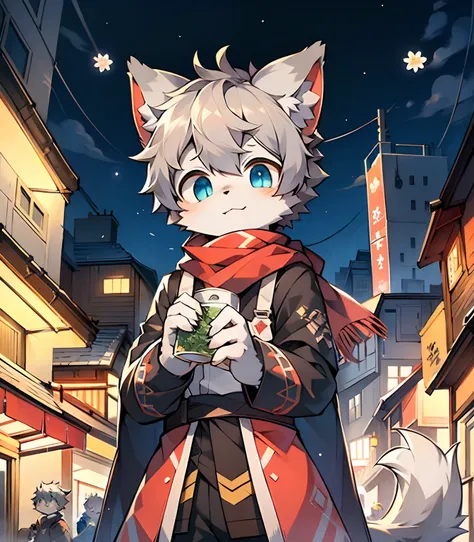 Highest image quality，A masterpiece，Delicate hands，finely-detailed eyes，Normal eyes，Gray cat ears，Furry，Gray hair，adolable，Handsome，Red scarf，Cat style，Shota， Blue with blue pupils, city night scene, Gray hair, By bangs，Dappled light and shadow, short deta...