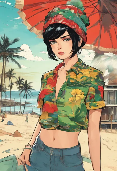 selene,girl, black eyes, short black hair, green shorts, red beanie,yellow floral shirt, tied shirt, midriff, looking at viewer, serious, standing, hands on hips, outside, beach house, palm trees, blue sky, extreme detail, hdr, realistic detail, analog