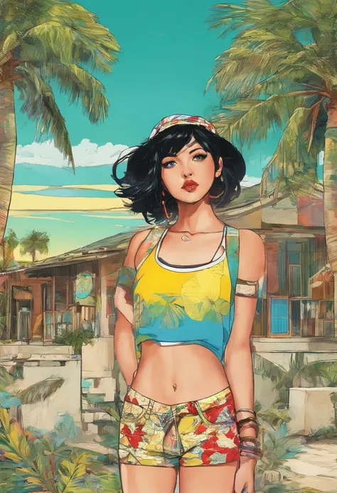 selene,girl, black eyes, short black hair, green shorts, red beanie,yellow floral shirt, tied shirt, midriff, looking at viewer, serious, standing, hands on hips, outside, beach house, palm trees, blue sky, extreme detail, hdr, realistic detail, analog