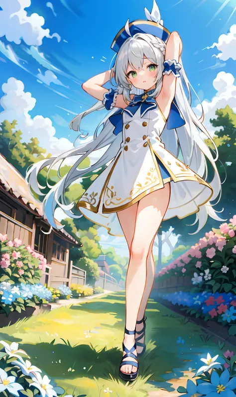 1 girl, solo, small breasts, light gray hair, green eyes, standing on one leg, one hand behind the head, arms up, cute anime girl has a white dress and a nice hat, (Full Body1.6), look at viewer, eyeliner, ahoge, bow neck (Long Hair:1.7), depth of field, (...