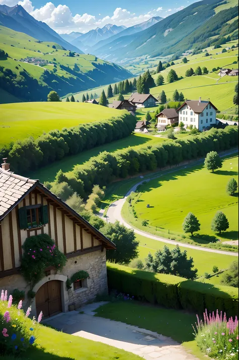 Peaceful and idyllic countryside, Rolling green hills dotted with grazing sheep, Charming villa，Set amidst vibrant flowers, Clear blue sky overhead, Evokes a sense of peace and simplicity, Valle encantador, switzerland, patches of green fields, lush countr...