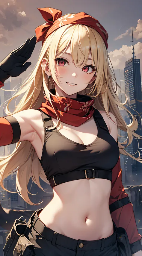 top-quality、Top image quality、​masterpiece、girl with((18year old、Blue navel tank top、Military pants、Best Bust、Bust 90、Blonde Away Tail、Red Eyes、open chest wide、Valley、Happiness、A slender、ssmile、black bandana、magnum、Survival Suit,saluting)）hiquality、Beautif...