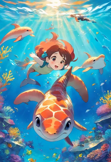 The background of the illustration is a wide and bright ocean，Sunlight shines through the crystal clear waters，Dye the sea surface a warm and bright blue。There is a beautiful area of coral reefs in the sea，Corals are colorful and diverse，It emits a colorfu...