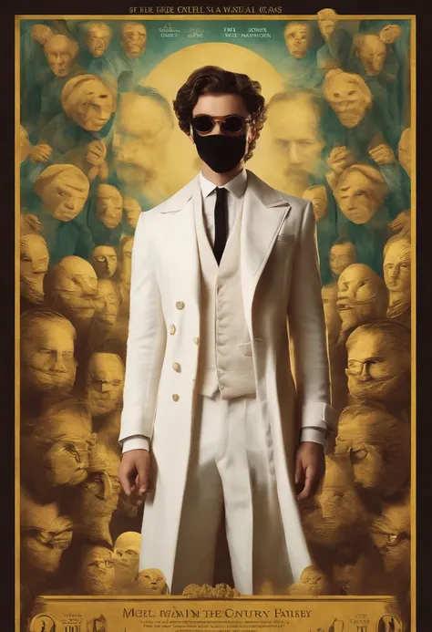 Poster for the movie, about heist of the Century, I want in poster 9 young adults 6 boys , 3 girls dressed  white suit and wearing a mask with a face drawn on it inspired by Van Gogh’s drawings, where they will stole the largest and most dangerous bank in ...