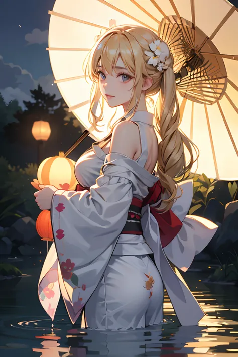 1girl in, breastsout, a moon, paper lanterns, natta, 独奏,, hair adornments, wet​, Kimono, Komono, playing in the water, Eau, Blonde Hana, florals, plein air, Skysky, fullmoon, Sateen, a blond, off shoulders, mont, ​​clouds, Hugged, sash, bare shoulders​, pa...