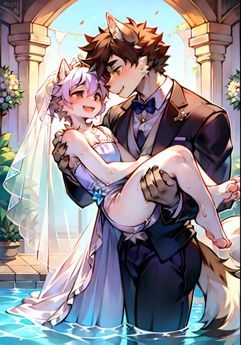 Furry boy in wedding dress，Held by another furry boy，Two in the pool，Clothes are wet