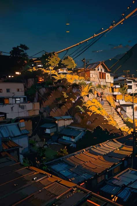 Saffron and ochre huts in the greens of the soil of the Favela, are aesthetic facts, Empty action locations, antenas de sinal, (Interlaced electrical wires. Paredes de tijolos expostos a lot)(view from the ground) (vista para o solo)