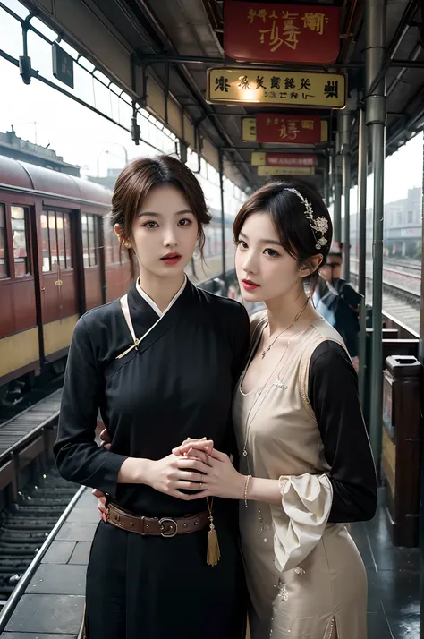 Two beautiful girls,leering:1.4, Lovers, Lesbians,(In the 1920s at the Shanghai Railway Station,Vintage train background:1.6),(Taoist hairstyle,Giant hair sticks:1.6,Oylan hair accessories,armlets, bangle:1.3),Dodge kisses,bauhause, bulgari, official valen...