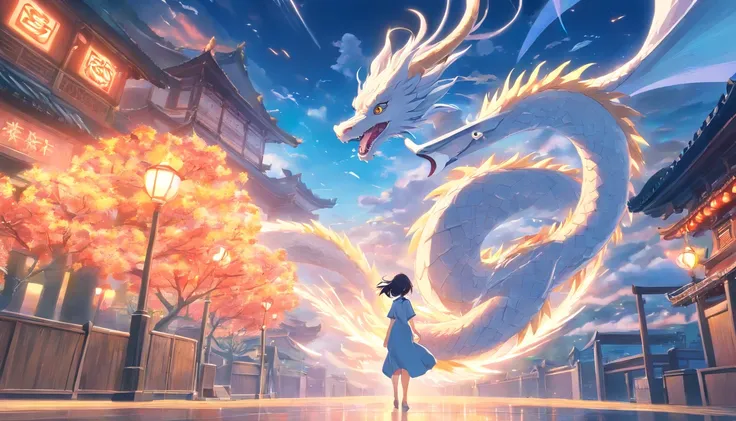 The Chinese White Divine Dragon soared into the air，（Girl manipulates dragons：1.3），（The girl has her back to the camera：1.3），Sky clouds surround the surroundings，Light magic，Fantastic background，Meaning background，Ridiculous background，There are artistic o...