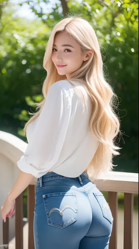 (top-quality、超A high resolution、in 8K、​masterpiece、realisitic、Photorealsitic:1.6)、Nordic beauty、独奏、A sexy、BREAK、blonde  hair、Longhaire、Arms on hips、(White skin、Colossal tits:1.3、big butts:1.3)、The upper part of the body、detailed hairs、hyperdetailed face、Te...