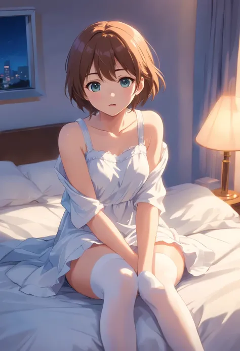 In an anime-style graphic, a young girl of 16 lies in bed wearing white knee-length socks. She appears to be calling out for her older brother while shyly opening her mouth. The image is rendered in Ultra HD and Megapixel quadratic, conveying a sense of li...