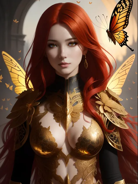 8k portrait of beautiful cyborg with red hair, intricate, elegant, highly detailed, majestic, digital photography, art by artgerm and ruan jia and greg rutkowski surreal painting gold butterfly filigree, broken glass, (masterpiece, sidelighting, finely det...