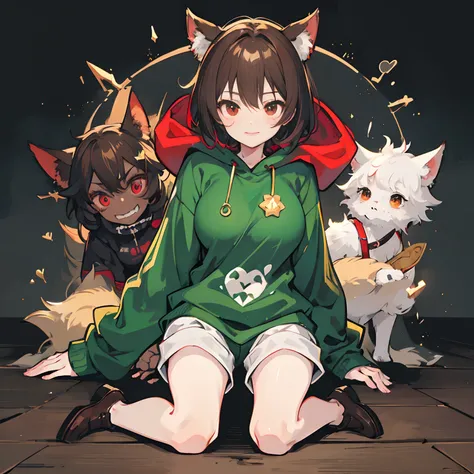 undertale，chara，solo person，Lone wolf，shadowy，Grinning，red - eyed，Sick，morden，Cold-blooded killer，Green hood，Green sweater，brown shorts，daggers，stocklings，Full body standing painting，with short brown hair，Be red in the face，Hand repair，the detail，k hd，Gold...