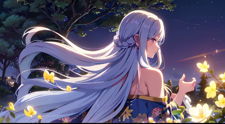 masterpiece, best quality, 1lady, solo, very long white hair, blowing hair, (flower hair ornament), (braided hair ornament), earrings, behind view, back view, close up, night fireflies, tree, scenery, forest, fantasy, off shoulder blue dress