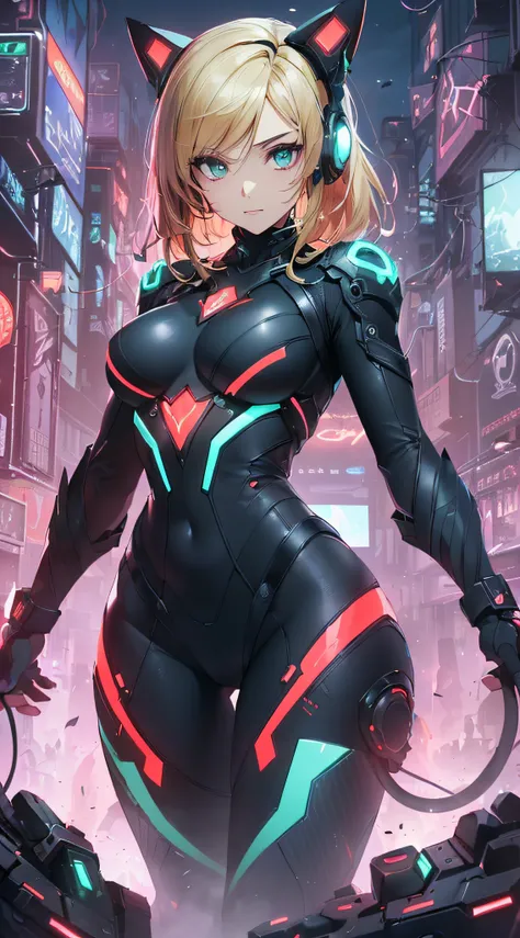 top-quality、Top image quality、​masterpiece、Android Girl((18year old、Red, Black and blue glowing cybersuit、Blue energy source for the chest,Best Bust、Bust 90、Blonde Away Tail、Blue-green eyes、open chest wide、Valley、Happiness、A slender、Warlike face、Stand at t...