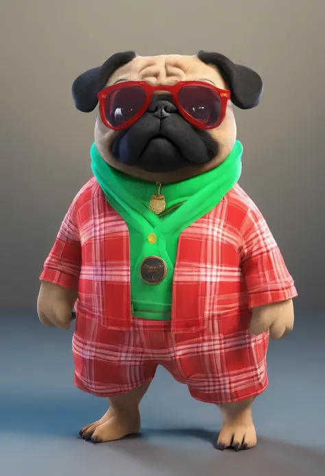 Furry pug adult,man,Wide smile with teeth,human hands, green and red glasses, hairlong, plaid red shirt, black shorts,