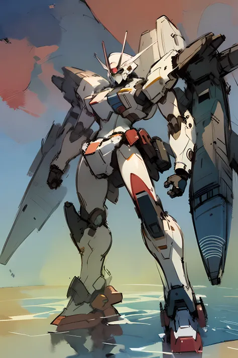 Mecha, white with red markings, (artist Mamoru Nagano:1.5), (sketch:1.6), (water-colors:1.6), (Illustration on paper)