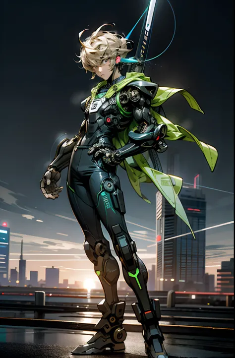 3D anime art style image of a young cyborg  hero(neon blue half Hoodie black neon pants, robot metal arms full futuristic (head is like genos from one punch man anime)) stands on the rooftop of a skyscraper(full body portrait mode), overlooking the neon-li...