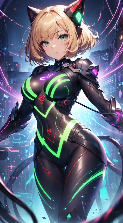 top-quality、Top image quality、​masterpiece、Android Girl((18year old、Red, Black and blue glowing cybersuit、Blue energy source for the chest,Best Bust、Bust 90、Blonde Away Tail、Blue-green eyes、open chest wide、Valley、Happiness、A slender、Warlike face、Stand at t...