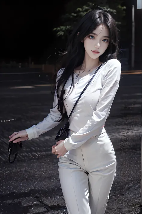 ((4K works))、​masterpiece、(top-quality)、1 beutiful girl、Slim body、tall、((Black Y-shirt and white pants、Attractive streetwear and black bags))、(Detailed beautiful eyes)、Midnight Night、((Pitch-black intersection))、Stroll through fashionable intersections、((F...