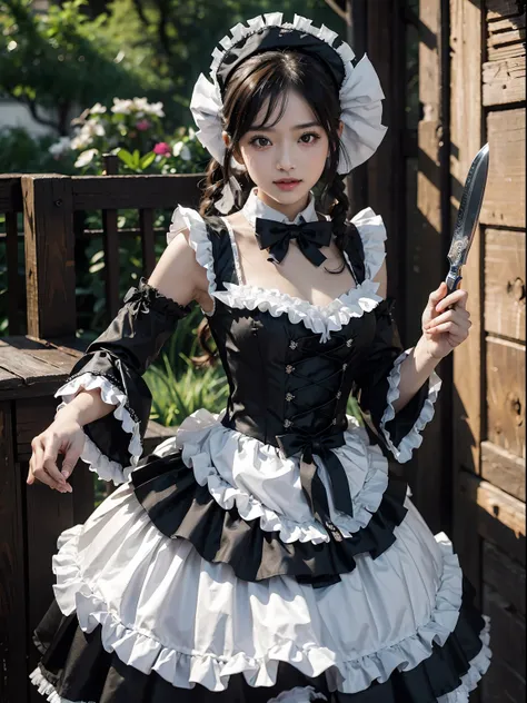 （in 8K. ＨＤＲ.Hyper-Realism、Masterpiece 1.4、Live Photo 1.4, Best quality1.4, Ultra Detailed 1.4、​masterpiece:1.4、Insanely detailed、Perfect Shading、Solo Photography、Sony、50mm Lens、full body photographed）、（Maids、Smile、Bloody、holding knive）、（Black Maid Outfit、G...