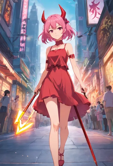 anime girl with pink hair and red dress holding a stick, full body concept, v from devil may cry as an elf, succubus in tight short dress, anime girl with a bow and arrow, colored lineart, deviant adoptable, she is holding a long staff, humanoid pink femal...