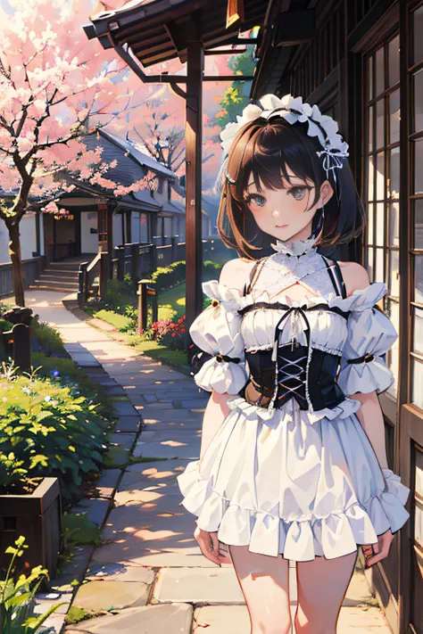 Knees，Standing，(Curtsey，skirt rift)，child，（​masterpiece，Highest Quality），(White Gothic Lolita，summer clothing，no sleeves，Shoulder out)，Sleepy face，Round eyes，A dark-haired，Semi-long bob，bare-legged，Tatami mats，cherry trees，undergarment