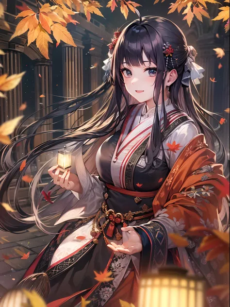 masutepiece, Best Quality, Ultra-detailed, Extremely detailed, 4K, 8K, Best Quality, Beautiful, Library, Autumn, Pretty women, Solo, Traditional costumes, Beautiful black hair, Beautiful black eyes, Ahoge,huge-breasted, lightsmile, sparkling effect