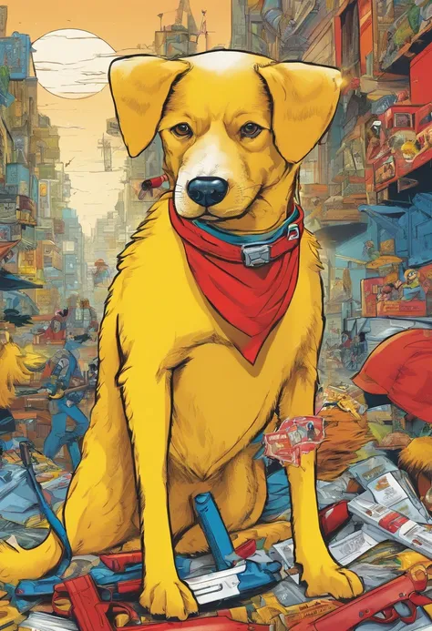 Yellow dog with a square face, on two legs,14 years old, with a red T-shirt, in blue jeans, in red and white sneakers, with firearms