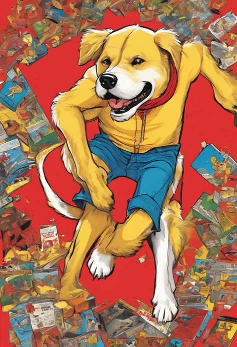 Yellow dog with a square face, on two legs,14 years old, with a red T-shirt, in blue jeans, in red and white sneakers, with firearms