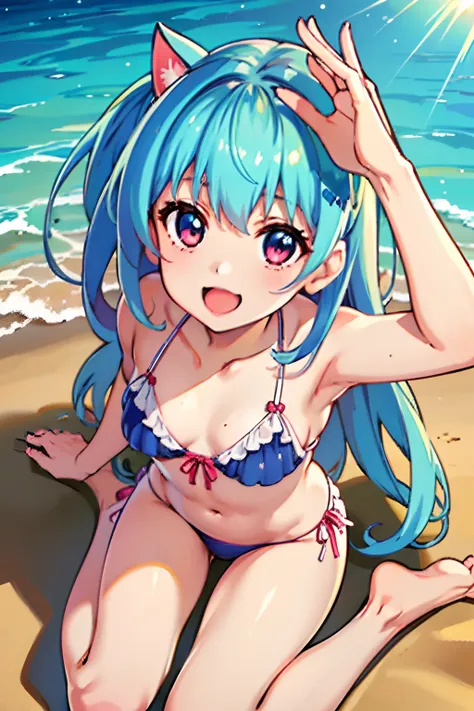 From  above、(cute little),high-level image quality、masutepiece、4K,8K,Anime Cell Style,Best Quality, hight resolution,1girl in,Lori,(flat-chest:1.2)The bikini,the beach、Sheer sunlight、Looking at Viewer,sitting on、Happy smile