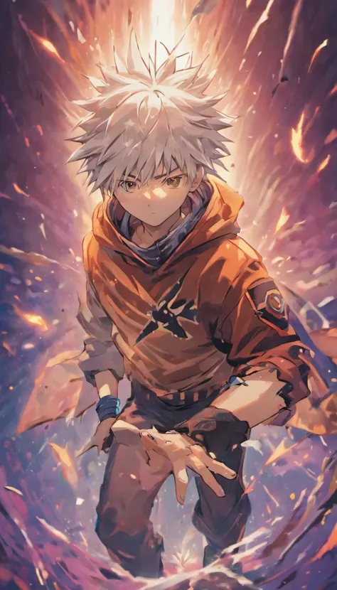 Kakashi Hatake Muito legal, olhos frios, absurd resolution, high resolution, (master part: 1.4), hiper-detalhe, messy short white hair of young man , thunders, Fundo de fantasia abstrata