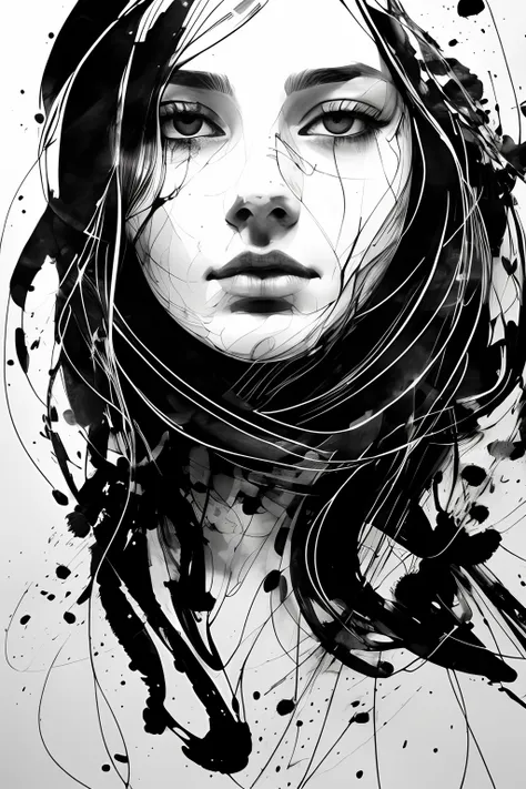 scribble, a drawing of a beutiful woman's face with black ink on a white background, very expressive face, black ink painting, a...