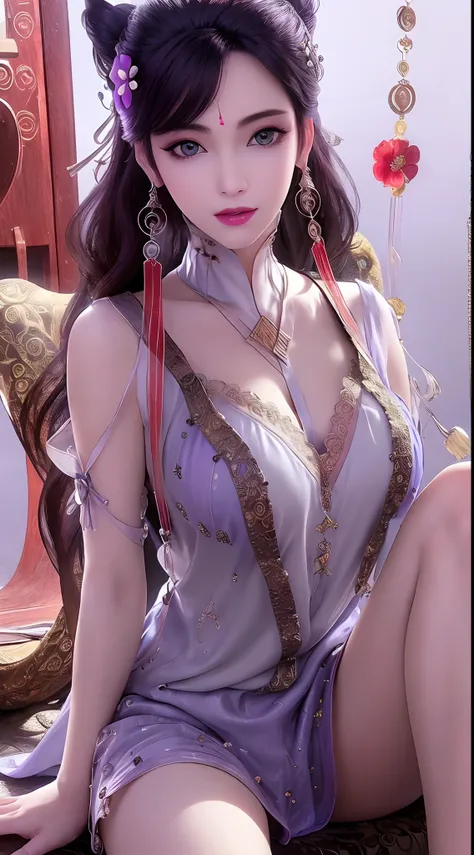 1 beautiful and sexy 20 year old girl, ((ultra-thin sexy nightgown with deep slits to cover :1.6)), ((full :1.6)), ((long black hair:1.6)), bangs, elaborate jewelry made from precious stones and beautiful hair, the noble, noble style of an extremely girl b...