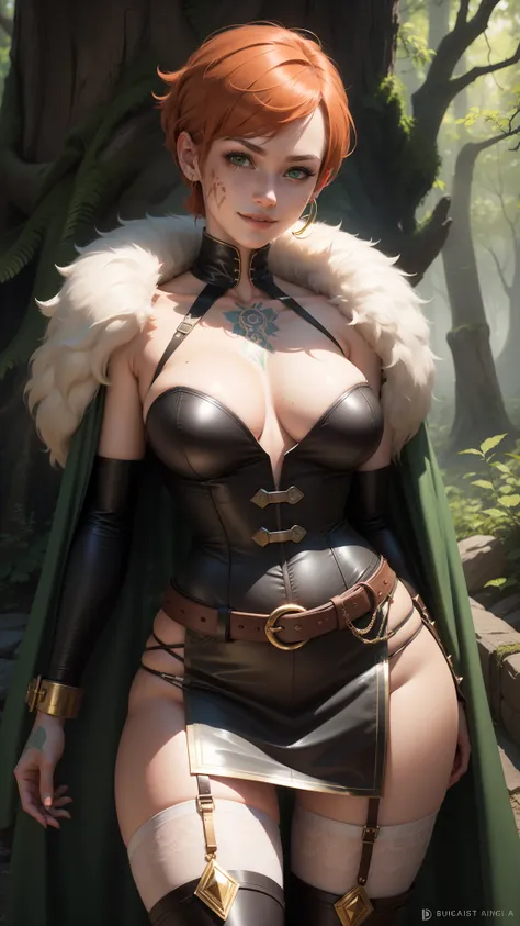 gwen tennyson,tracer,bulma,rebecca chambers,1girl,close up,face paint, medieval armor,gold neck jewelry,body tattoos,short hair,long dress,wolf fur, ceremonial cape,viking corset,tight skirt,magic forest,gold,amulets,tribal piercings and tattoos,white trib...