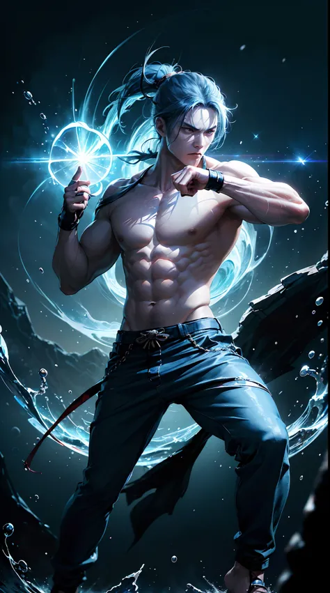 Man with martial arts stance using 10 rings on his hand,Blue hair, old fashioned blue pants with no shirt, badass expression, epic kung fu pose, fire Blue  and rings background.HD lighting and dark )<=(epic image quality)blue atmosphere with bright particl...