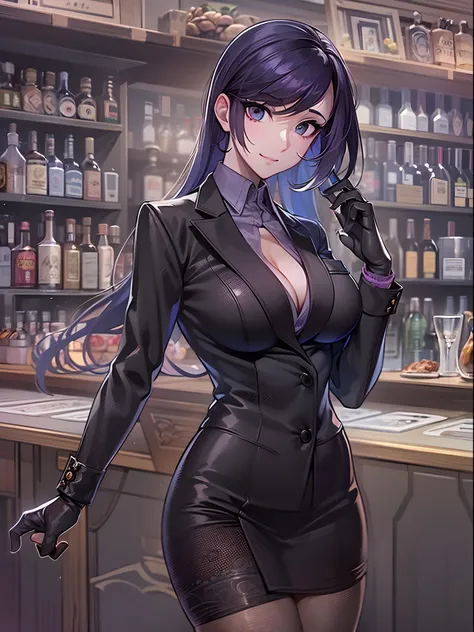 ((masutepiece)), ((Best Quality)), (Ultra-detailed), ((Extremely detailed)), 4K, (8K), Best Quality, (Beautiful), Highly detailed game CG, a bar counter, Jennifer Connelly, nffsw, Suit, Beautiful purple hair, Beautiful black eyes, ((Beautiful eyes)), large...