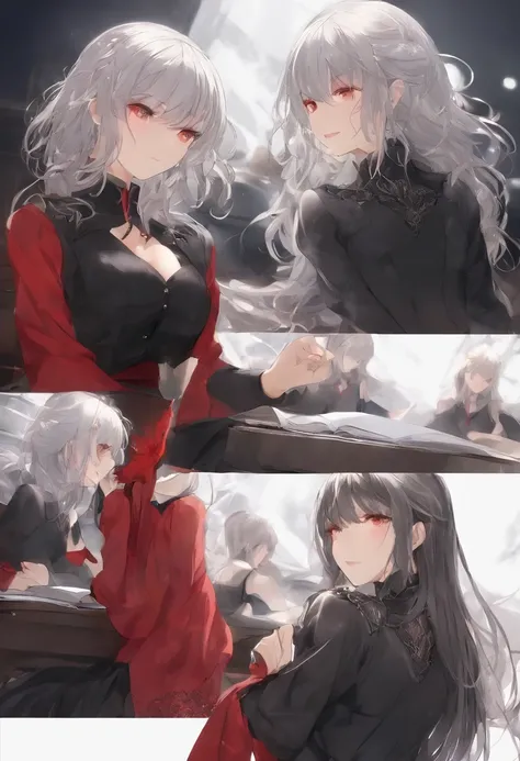 Masterpiece, Best quality,   Black and red theme, 2 Girls who practice fairy arts,  Skinny, Delicate messy gray hair, Glowing eyes, black black jacket,Naked breasts，Sit upright，‎Classroom，鎖骨，Datasheet