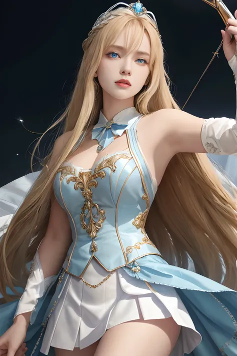 8K，Need，tmasterpiece，high detal，Semi-realistic，1 girl，younger female，19years old，Long blonde hair covered by bangs on the right eye，blue right-eyed，Jewelry Crown，Court-style white gold skirt，slimfigure，archery，Shoot arrows with a bow