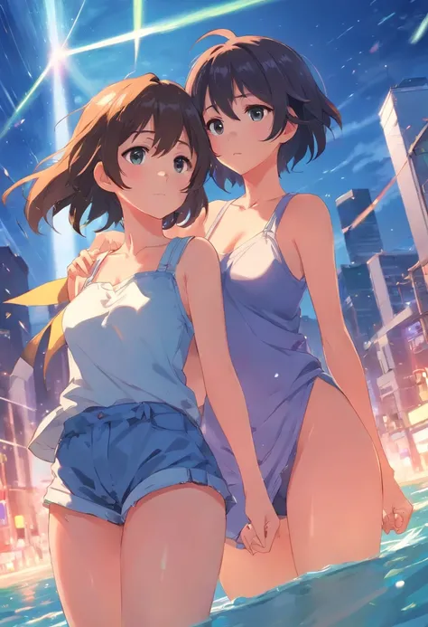 Two 16 years old girls are depicted in an ecchi anime style, with one being an anime girl with large breasts and the other being a male character also with large breasts. The artwork can be found on Pixiv and features hyper-detailed hentai style.