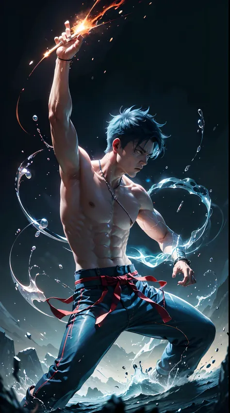 Man with martial arts stance using 10 rings on his hand,Blue hair, old fashioned blue pants with no shirt, badass expression, epic kung fu pose, fire Blue  and rings background.HD lighting and dark )<=(epic image quality)red atmosphere with bright particle...