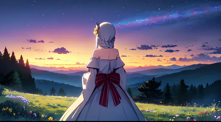 masterpiece, best quality, 1lady, solo, very long white hair, blowing hair, (flower hair ornament), (braided hair ornament), earrings, behind view, back view, night, Vast sky, beautiful skyline, large grassland, moving visual effects, hanging north star, c...