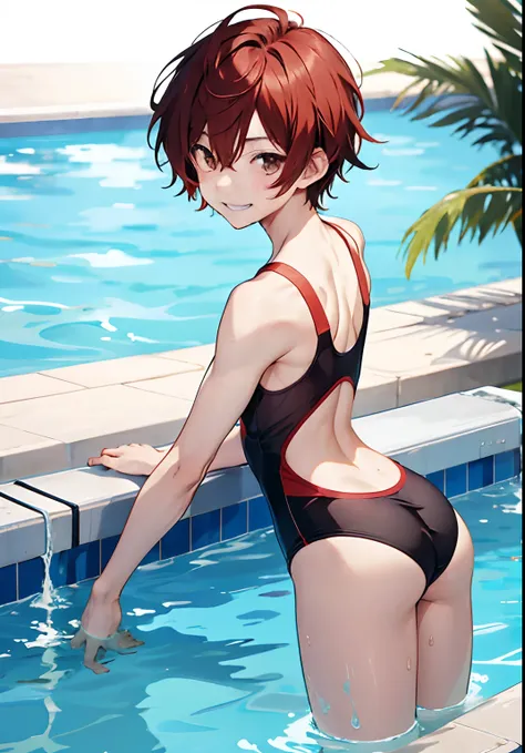 Anime boy in swimsuit standing in pool, onepiece swimsuit, High-cut swimwear, U-back swimsuit, rating:safe, solo, smile, Boy with short red hair, Boy standing by the pool, Competitive swimsuit, grin, looking_at_viewer, Show your ass, , Cool boy in black an...