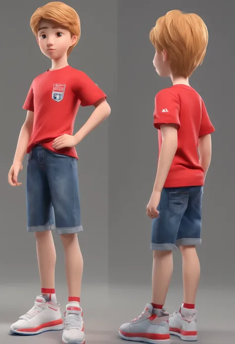 menino, 14 years old, Korean, freckles, blond hair, in a red T-shirt, white sleeves, in blue jeans, in red and white sneakers