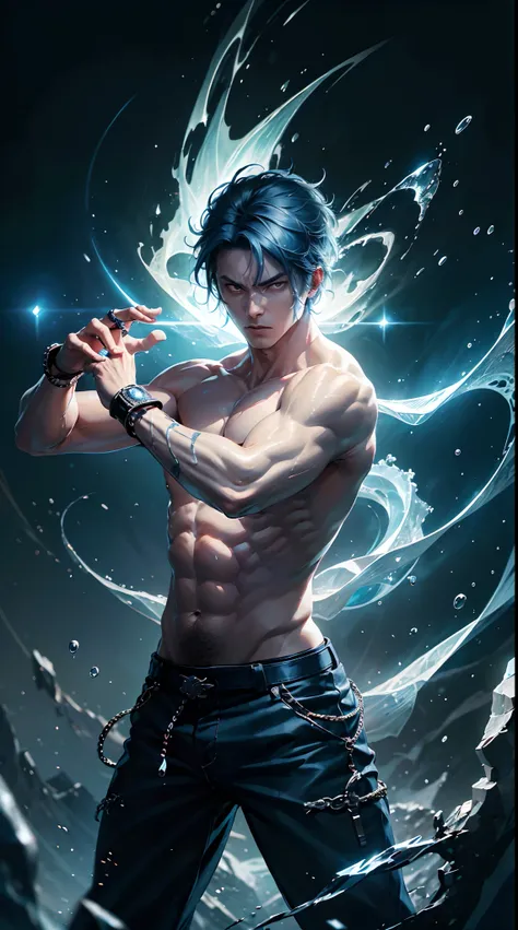 Man with martial arts stance using 10 rings on his hand,Blue hair, old fashioned blue pants with no shirt, badass expression, epic kung fu pose, fire Blue  and rings background.HD lighting and dark )<=(epic image quality)red atmosphere with bright particle...